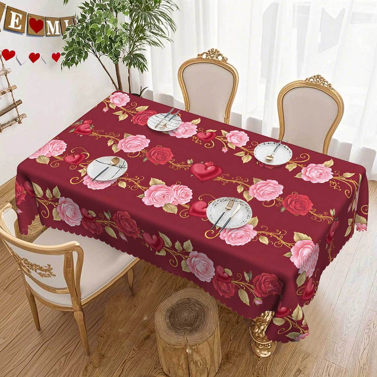 Pink Rose Red Heart Tablecloth, Wedding Round/Rectangular Tablecloth, Valentine S Day Decorative Tablecloth Round tablecloth-152x152cm