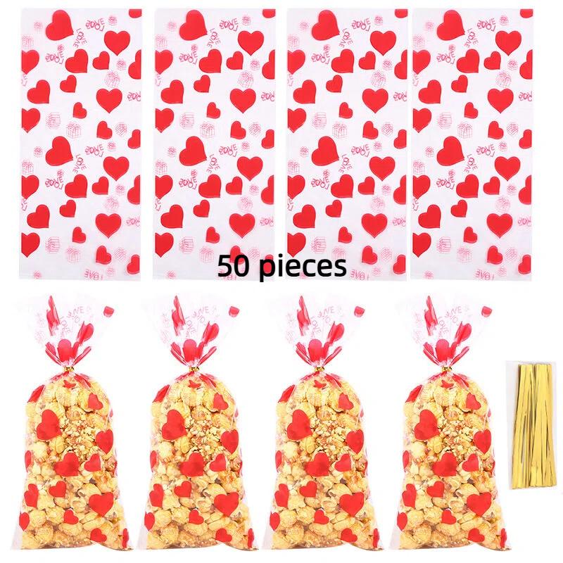 30/50/100Pcs Transparent Plastic OPP Bags Red Heart LOVE Printed Gift Bags With Golden Ties For Valentine'S Day And Couples