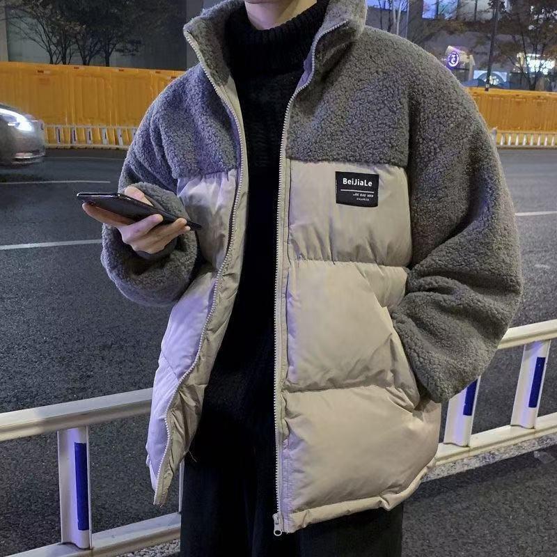 

Trendy Unisex Winter Patchwork Lambswool Jacket - Hong Kong Style Casual Loose Fit Large сірий колір