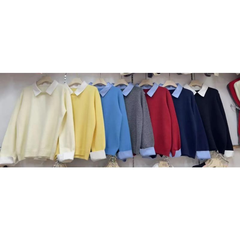 Winter Solid Knitted Pullover Sweater Women Retro Fake Two Pieces Top Pullover Female Korean Fashion Vintage Sweater 2024 New