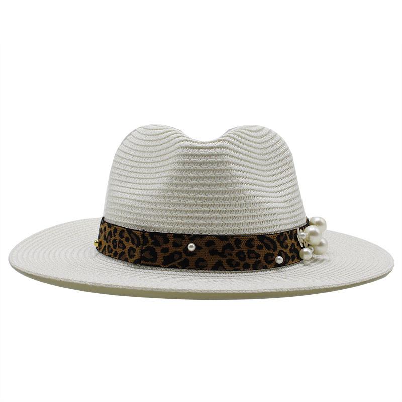 Spring And Summer Leopard Print Pearl Straw Sun Protection Visor Straw Hat Dame Top Hat
