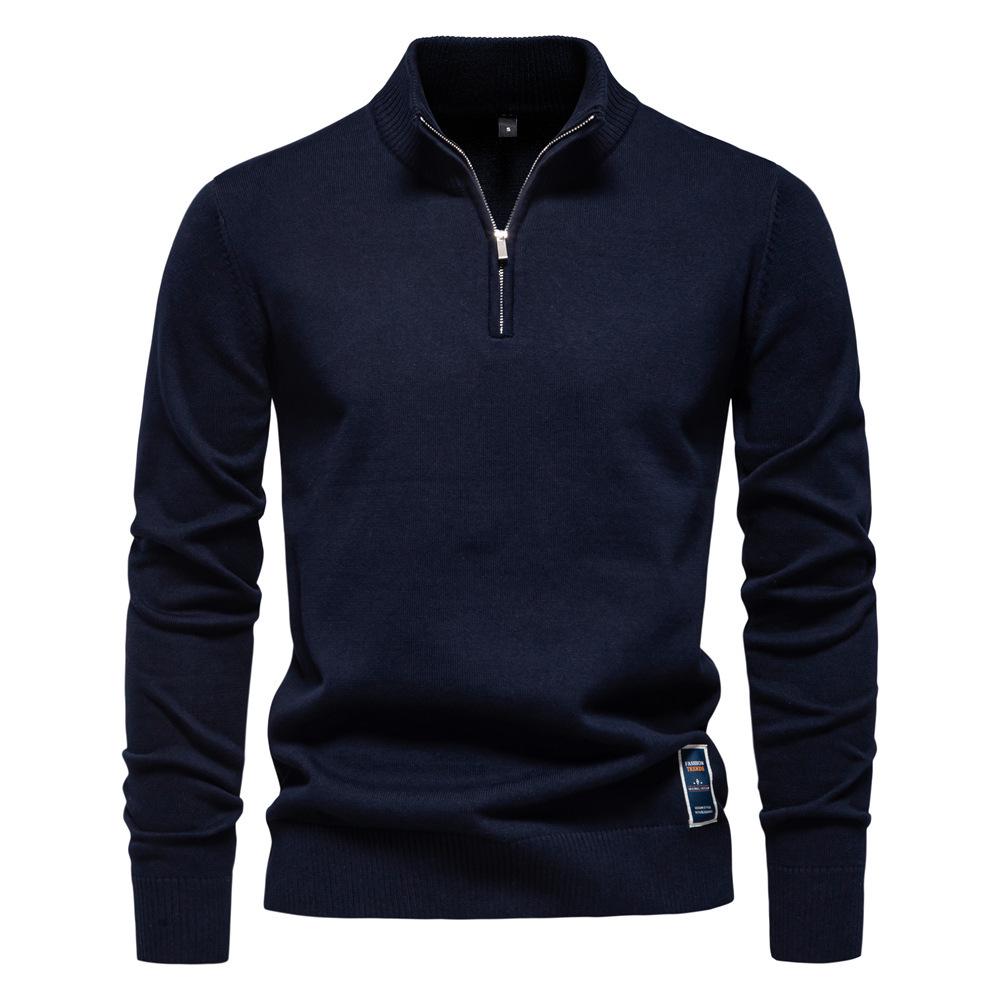 2024 Men's Pure Cotton Stand Collar Zipper Sweater - Half-Slim Solid Color Knitwear