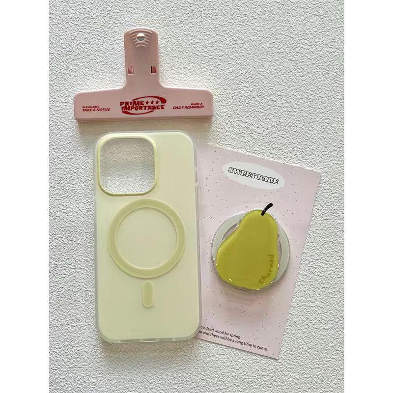 Magnetic Holder Phone Case for Apple iPhone 16 ProMax- Creamy Yellow Green Apple Pear Stand Silicone Phone Cover for iPhone
