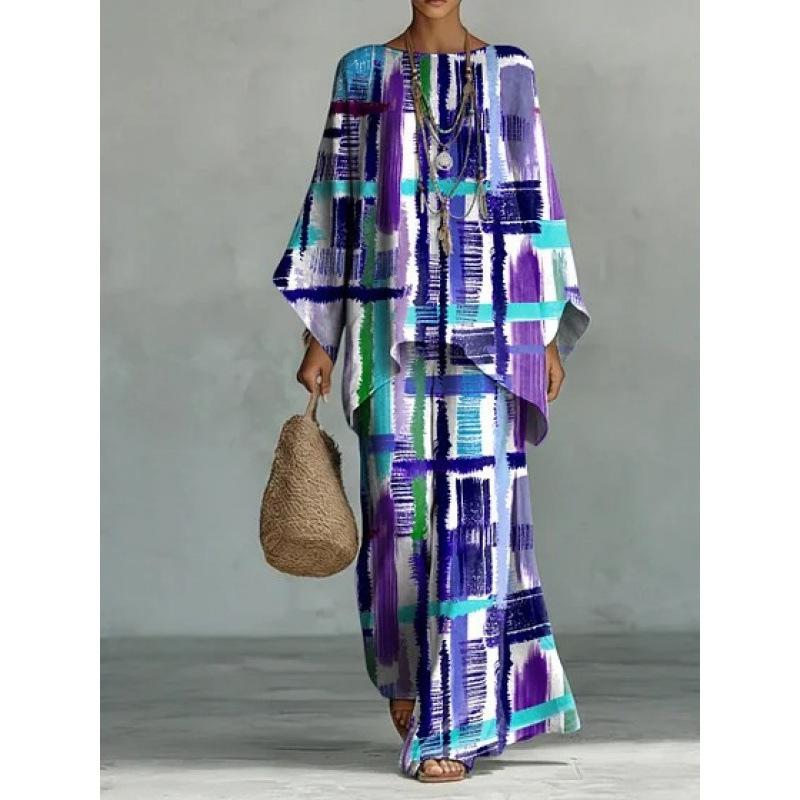 16 European and American artistic sense abstract graffiti set, round neck bat sleeve top + wide-leg pants loose two-piece set