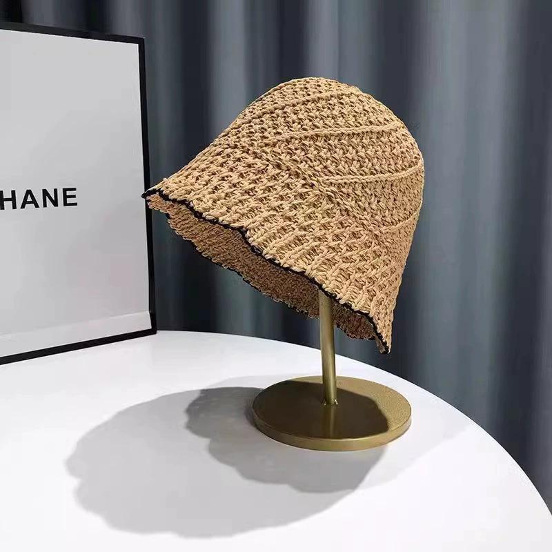 Color knitted hollow breathable bucket hat women's summer outdoor face small sunshade bucket hat women's basin hat