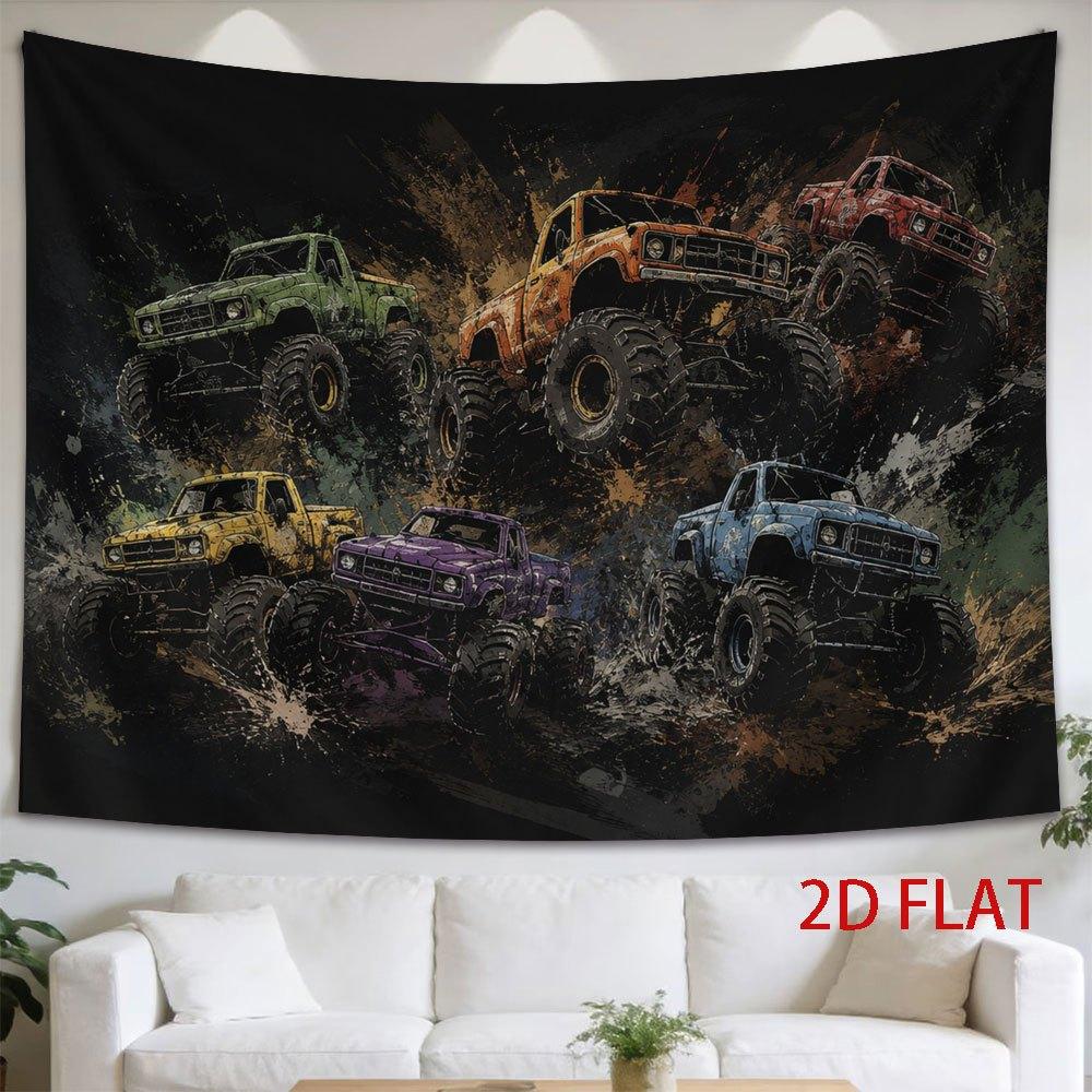 1pc Tapestry Five Colorful Off-Road Trucks Racing Through Muddy Terrain in an Intense Battle Scene