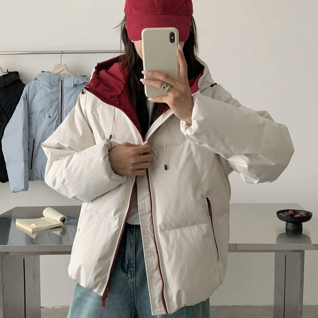 American retro winter new white duck down jacket women's tide brand contrasting color outdoor warm hooded jacket