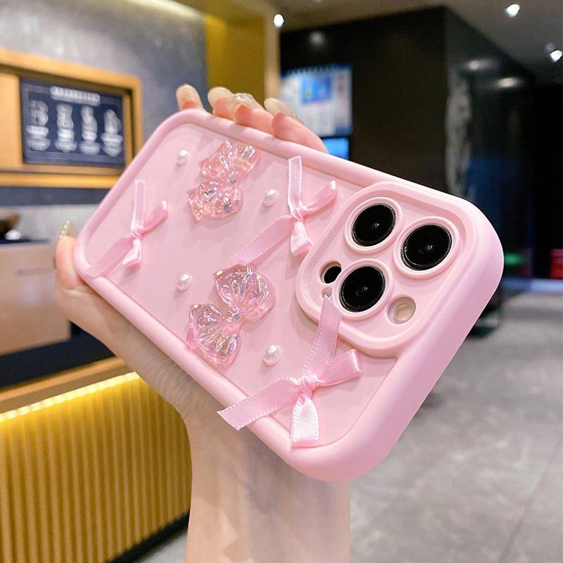 3D Bow Pearl Decorated Phone Case For iPhone 17 16 15 14 13 12 11 Pro Max 16E XS X XR 7 8 Plus SE Shockproof Silicone Soft Cover
