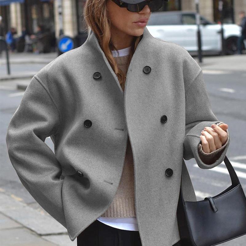 Light Khaki Double Breasted Short Coat , Casual Urban Outfit for Women
