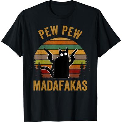 Qiyigs Pew Madafakas Pew Guns Funny Black Cat Retro Vintage T-Shirt
