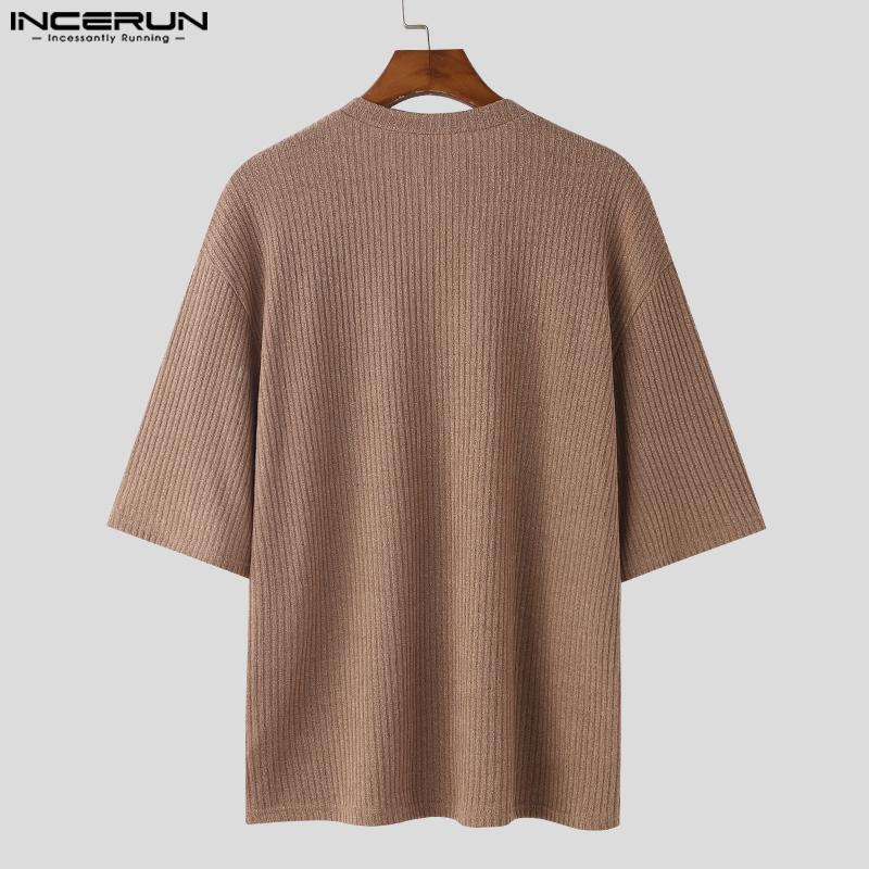 INCERUN Bărbați Deep V Jumătate cu mânecă lungă tricotată Casual Top cu coaste