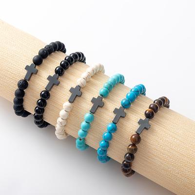 Moda 8mm Kryształ Uzdrawiający Naturalny Męski Tygrysie Oko Kamień Lawowy Kamień Szlachetny Turkusowy Koralikowy Czarny Kamień Żółciowy Krzyż Bransoletka Biżuteria