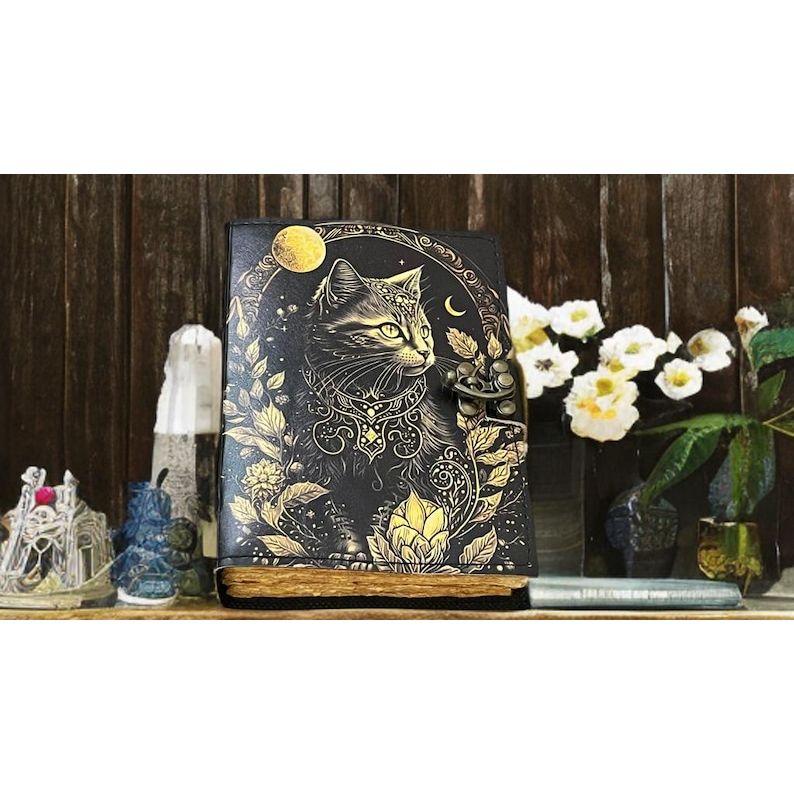 Celtic Cat Leather Journal • Handmade Grimoire Book of Shadows • Gift for Witches & Cat Lovers”