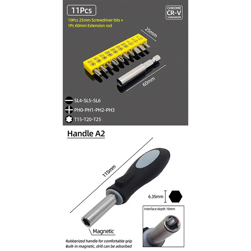 25mm Screwdriver Bits Set Slotted Phillips Pozidriv Torx Square Hexagon Bit Holder 1/4" Hex Shank Ratchet Wrench Hand Tools