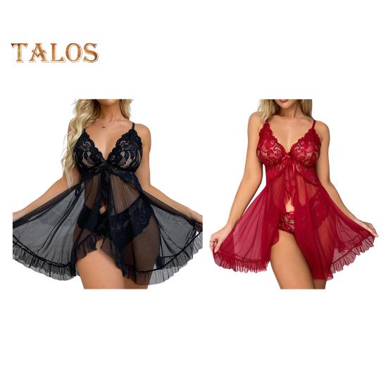 2 Pcs/Set Nightdress Panties Set Hollow Out Lace V Neck Spaghetti Strap See-through Mesh Ruffle Bow High Waist Underpants Set