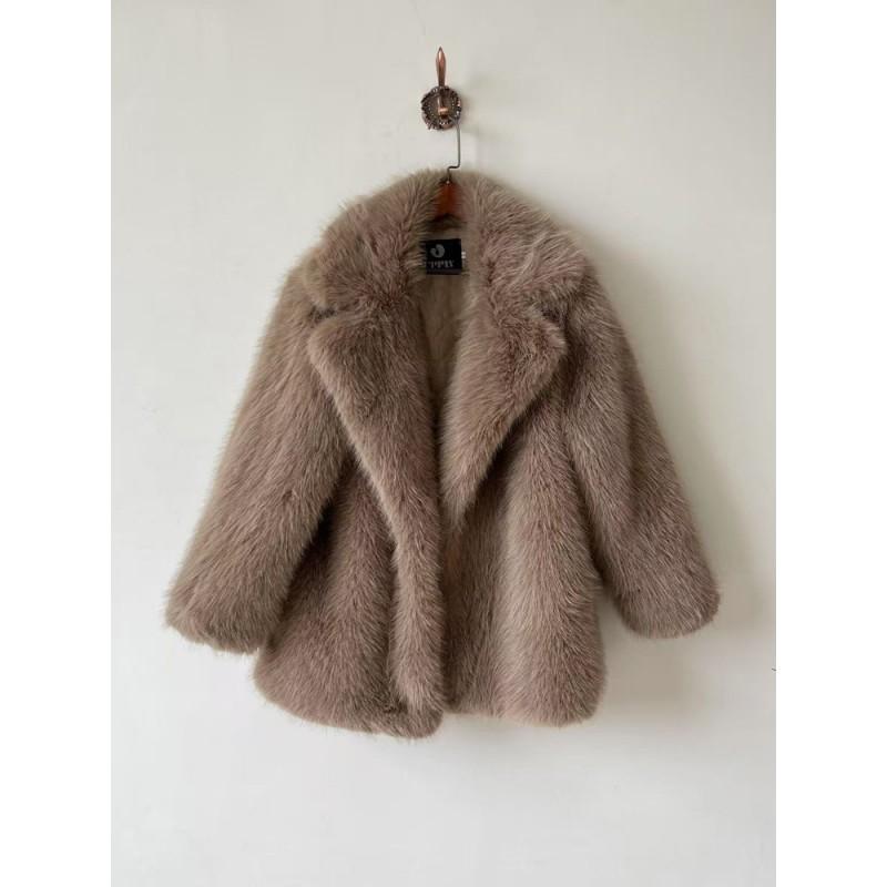Womens Faux Fur Coat Mid-Length Winter Warm Outerwear Street Style Jacket In Beige Yellow Coffee Khaki
