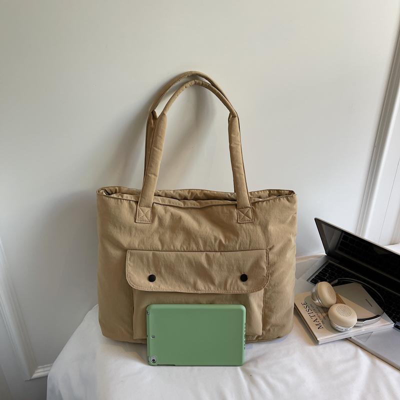 Minimalist Solid Color Tote Bag for Women – Large Capacity Shoulder Bag with Front Pocket – Perfect for Daily Use, Shopping, and School