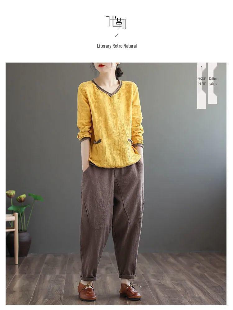 Plus Size Retro V-Neck Cotton Linen T-Shirt for Spring/Autumn - Long Sleeve, Loose Fit, Versatile Pullover for Women