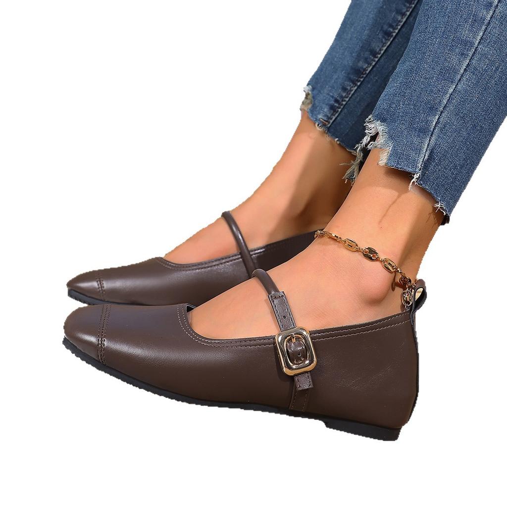 Velcro Soft-soled Mary Jane Shoes Large-size Women's 2025 New Shallow Mouth One-word Buckle with Versatile Flat-soled Single Shoes Women's Shoes