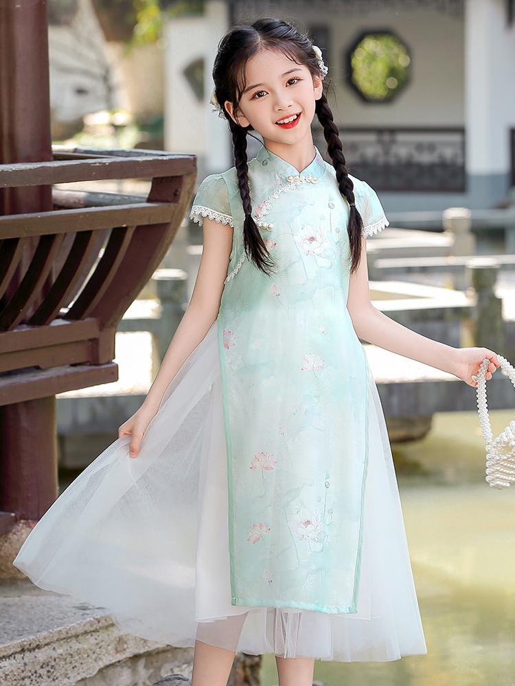 Girls' Cheongsam Dress 26 Summer New Style Chinese Style Dress New Chinese Mesh Splicing Cheongsam Dress
