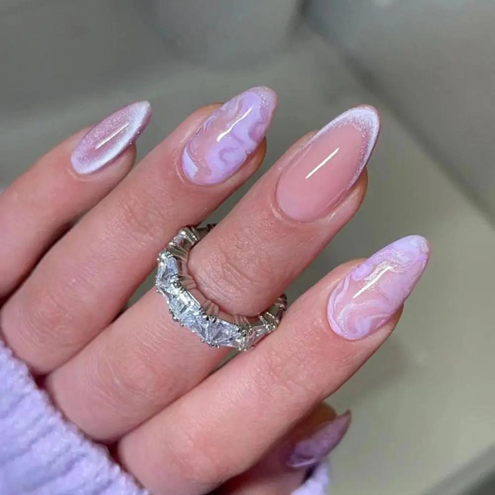 24Pcs Sweet Pink Almond Fake Nails Stiletto Pink Bowknot French Cute Pearl Bows Fake Nails Girls Women Wearable Manicure