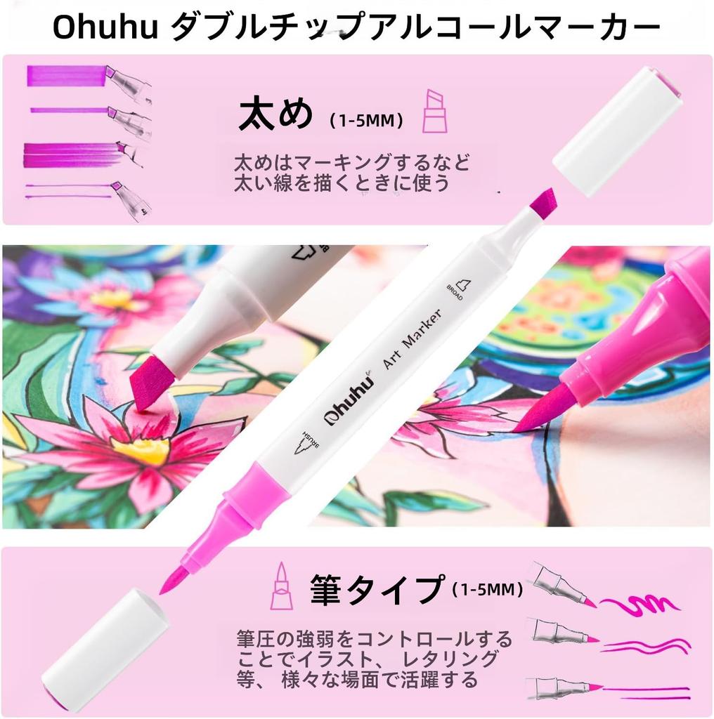 Ohuhu Brush Marker 48 Brush and Broad Illustration Triangular Blender Pen Alcohol Marker Set A Pens, Colors, Beginner's Guide, Point, Markers, Shaft,
