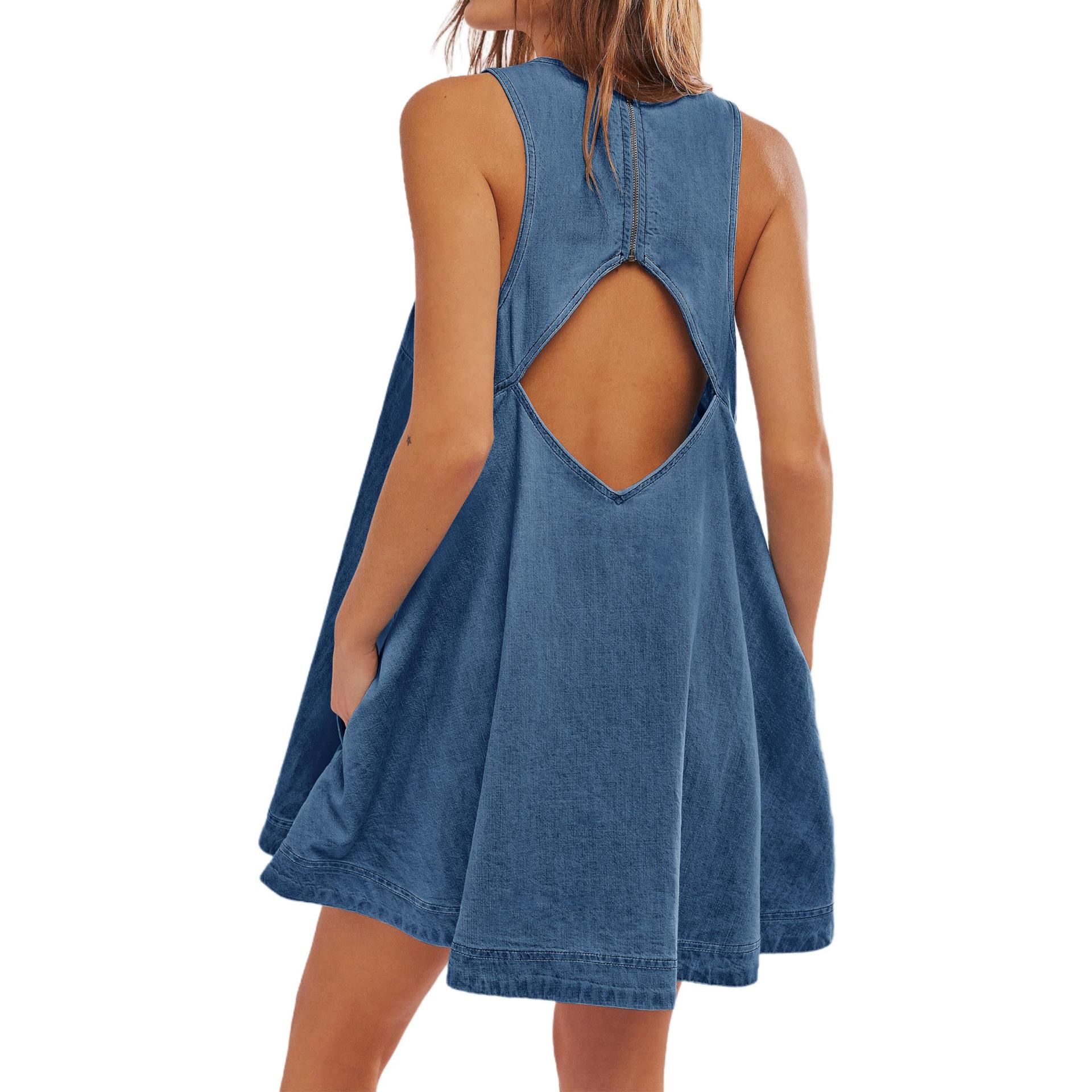 

Backless Dress Denim Dress Women s Summer New Casual Sleeveless Halter Short Skirt A-line Skirt XL темно-синього кольору