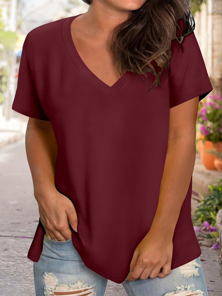 Women's V-Neck Short Sleeve T-Shirt Casual Asymmetric Hem Solid Color Loose Fit Basic Tee for Summer Daily Wear
