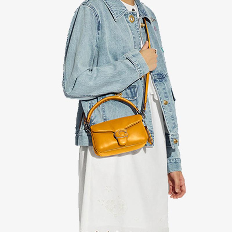 Coach Pillow Tabby 18 Bright Yellow Shoulder Bag, Soft Nappa Leather Signature C Turnlock Black Hardware, Women's Daily Party Travel C3880-V5BUT