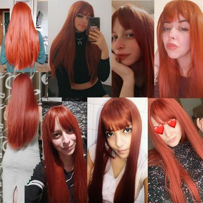 Hosszú narancssárga vörös gyömbér egyenes szintetikus női paróka Natural Wave paróka frufruval, hőálló Cosplay paróka