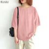ZANZEA Women Casual Crew Neck Solid Color Loose Half Sleeve Blouse