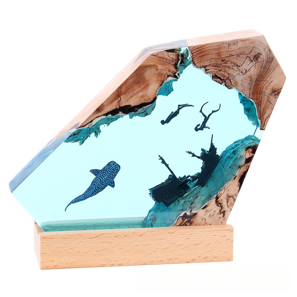 Resin Ocean Shipwreck Night Light, Shark & Whale Art Sculpture, Solid Wood Base - Home Bedroom Office Desk Decor Gift