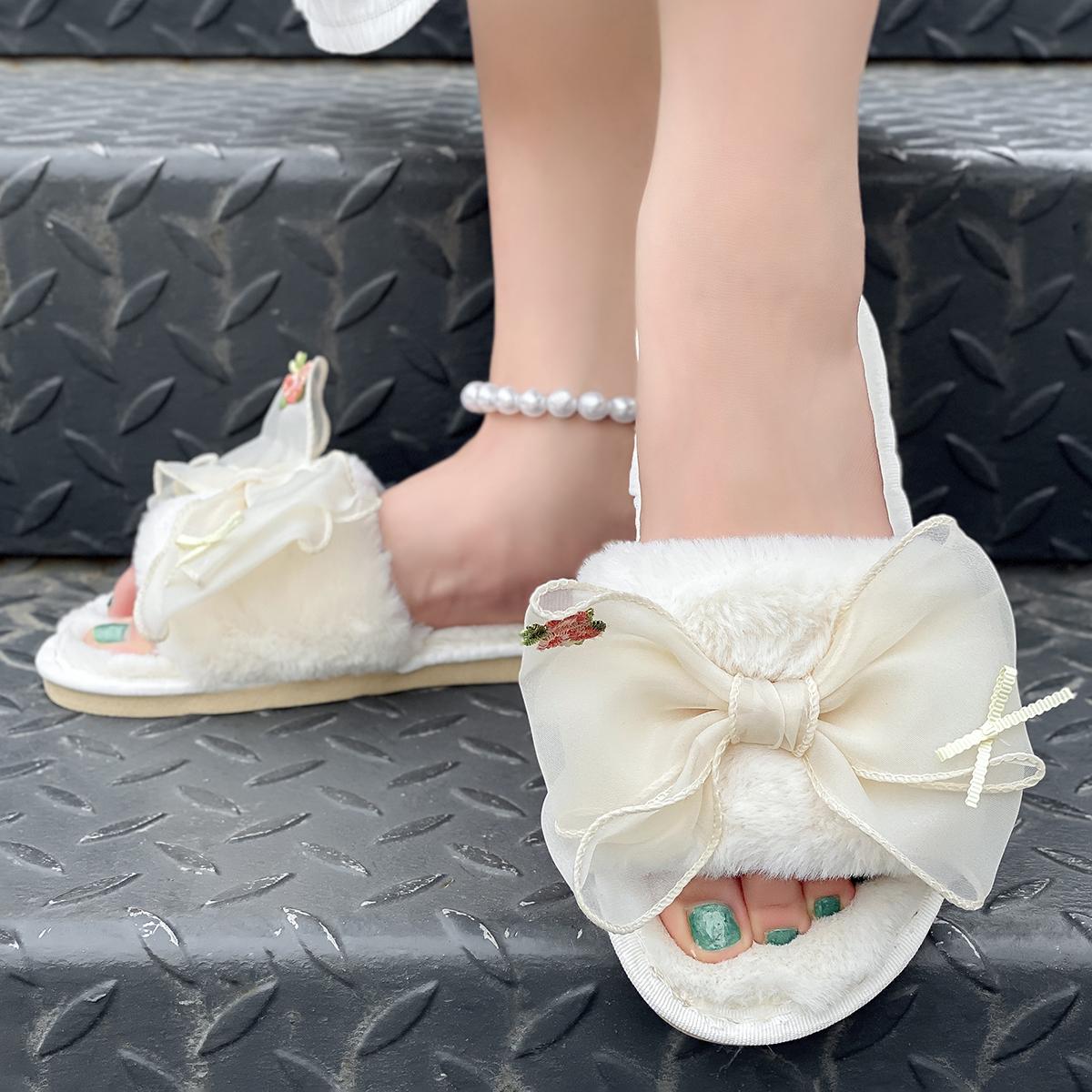 

Fashion Slippers for Women Slides Warm Short Plush Flat Heels Shoes for Women Solid Fur Butterfly knot Women Slippers Plus Size 43 белый