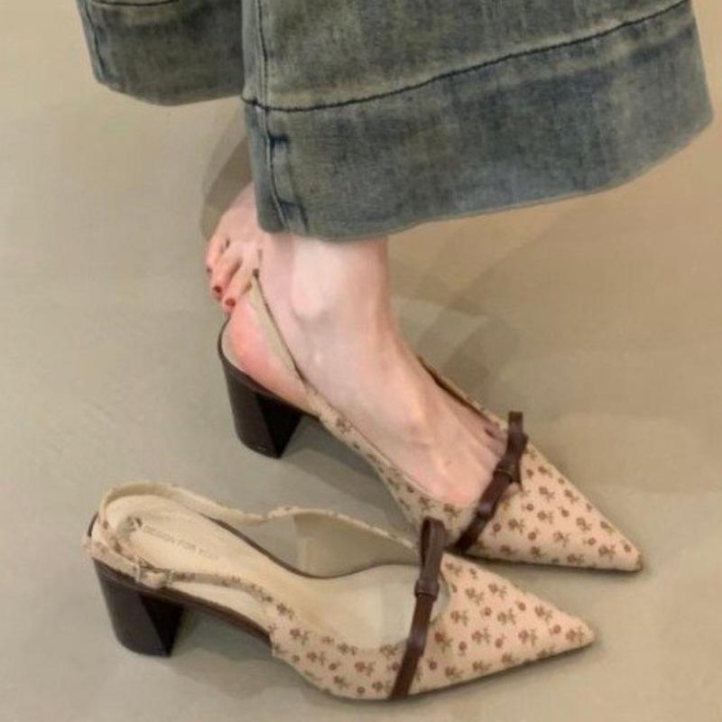 

Block Heel Baotou Sandals Spring Summer Pointed Toe Bow Back Empty Heels 39 рожевий