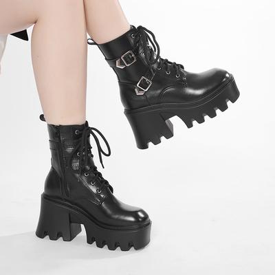 Height-increasing Women's Boots Autumn and Winter New Square Buckle Black Round Head Locomotive Retro Cool Thick-soled Martin Boots