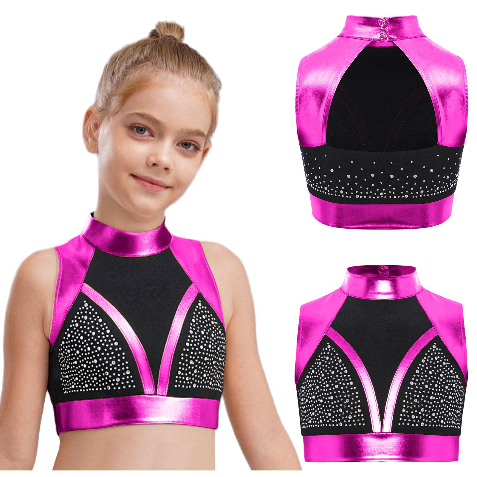 

Девочки Танцевальный Кроп-Топ Водолазка Без Рукавов Вырез на Спине Блестящие Стразы Цветной Блок Выступление 7-8 Years