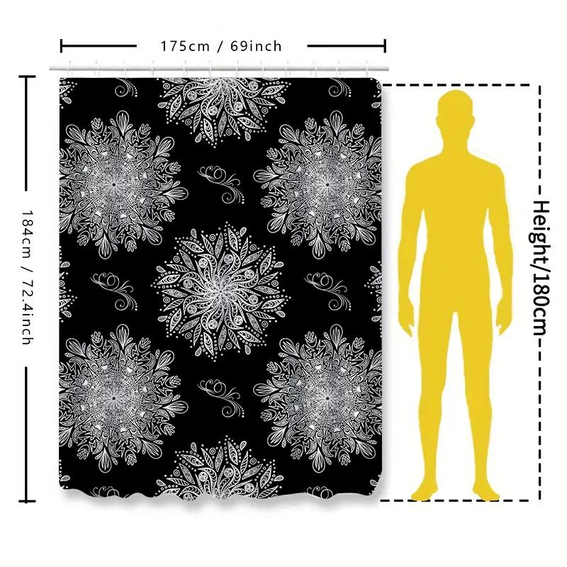 Modern White Floral Shower Curtain With Black Background Extra Long Waterproof Bathroom Decor 72 X 84 Inches (180Cm X 213Cm)