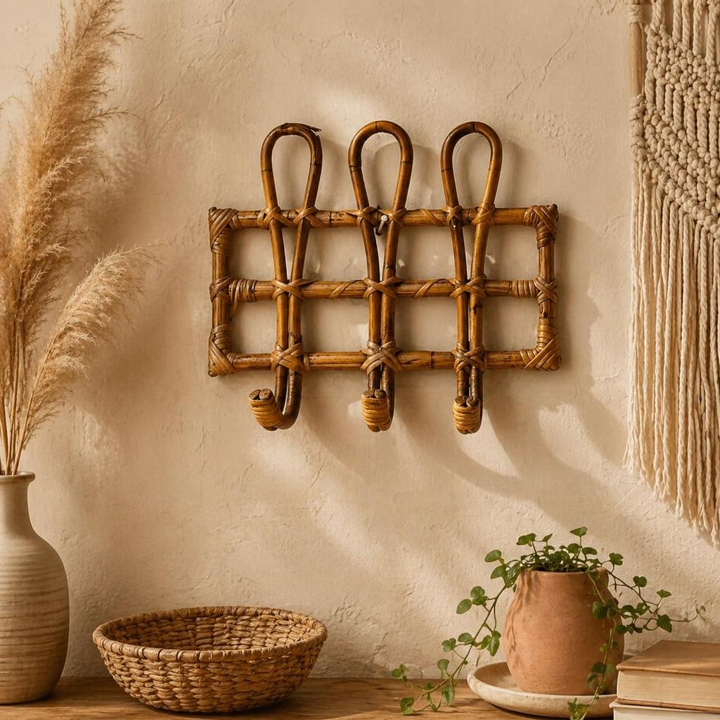 Eco Decx Handcrafted Rattan Wall Hook Organizer with 4 Hooks, Wooden Cane Key Holder for Entryway, Bedroom & Living Room Decor