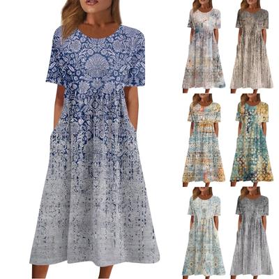 Women's Casual Dresses Printed Dresses Summer Dresses Printed Pleated O-Neck  Loose Dresses