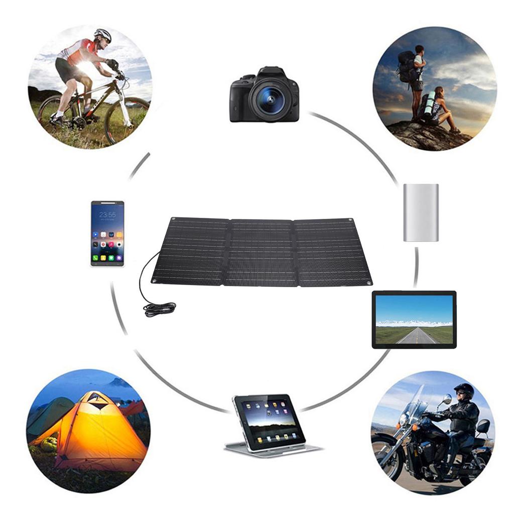 Kit de Painel Solar Dobrável Portátil 100W Controlador Solar 2 Saídas USB Suporte para Carregamento OBD de Carro Resistente à Água para Acampamento Viagem ao Ar Livre 3 Dobras