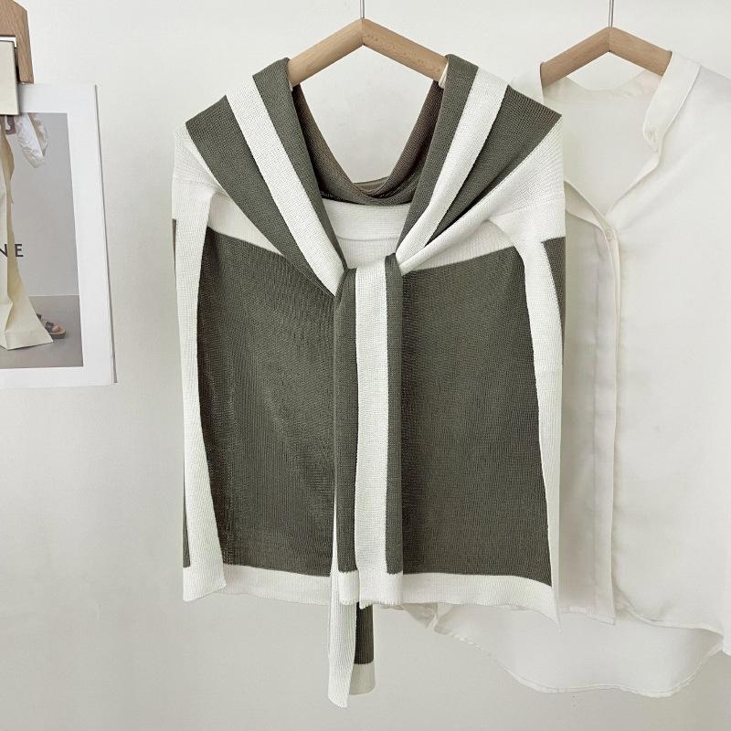 Navy Style Knitted Shawl for Women: Spring/Summer Sun Protection, Air-Conditioned Room Wear, Color Block Design, Fake Collar.