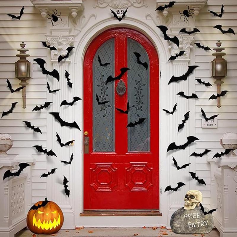 50Pcs/set Halloween 3D Black Bat Wall Stickers With Plastic Spiders for Home Room Decoration Scary Props Kids Party Supplies