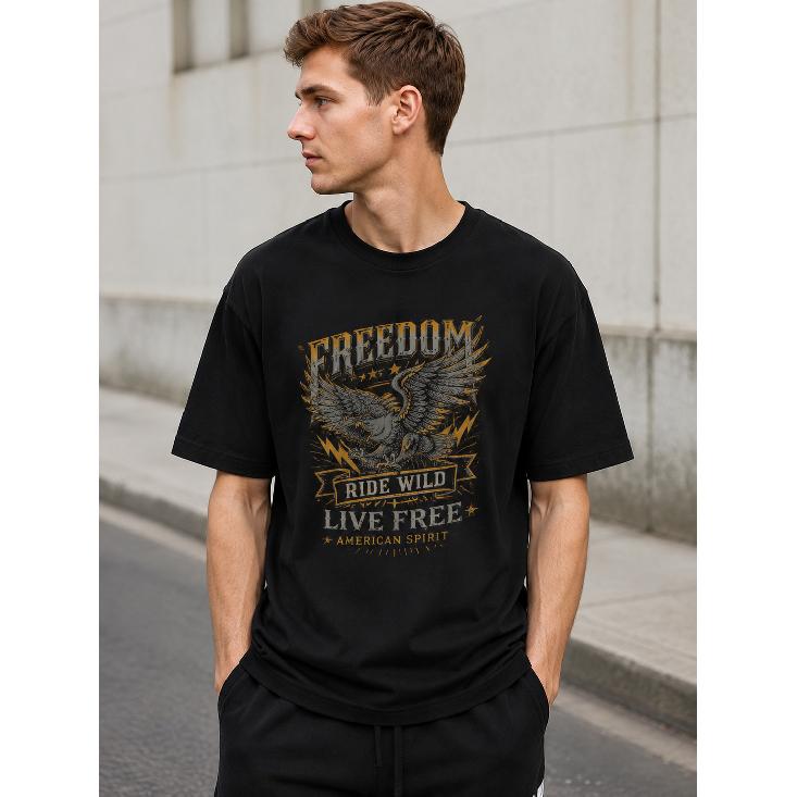 Men s Black Short Sleeve T-Shirt with Vintage Eagle Graphic, Crew Neck Relaxed Fit Cotton Tee for Casual Daily Wear or Outdoor Activities S чёрный