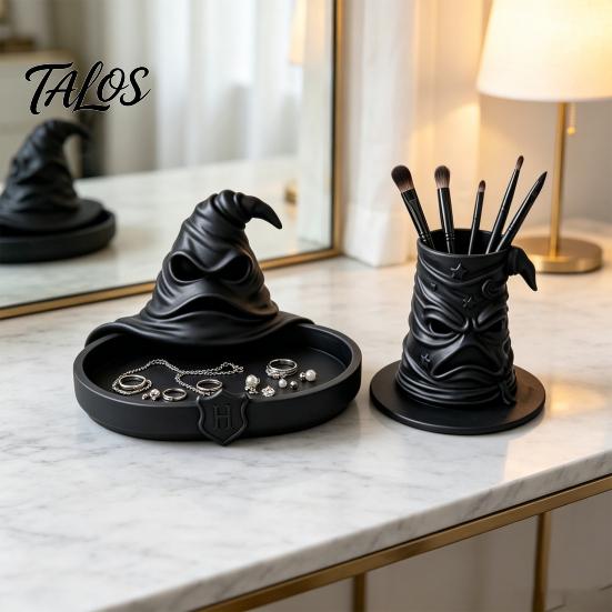 Minimalist Tabletop Organizer Wizard Hat Storage Box, Gothic Desk for Makeup Brushes And Compact Countertop Case Pens, Dark Academia Vintage Halloween