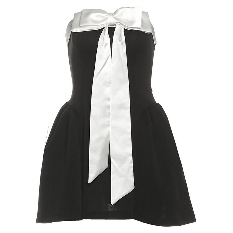 

# Sisjuly# Cool Sexy Style Black and White Contrast Color Bows Ribbon Design Silm Tube Top Dress Female Summer Black S