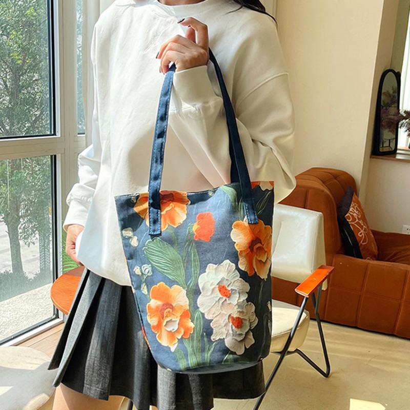 Yogodlns New Fashion Floral Pattern Bucket Bag Canvas Casual Shoulder Bag Large Capacity Creative Handbag for Women
