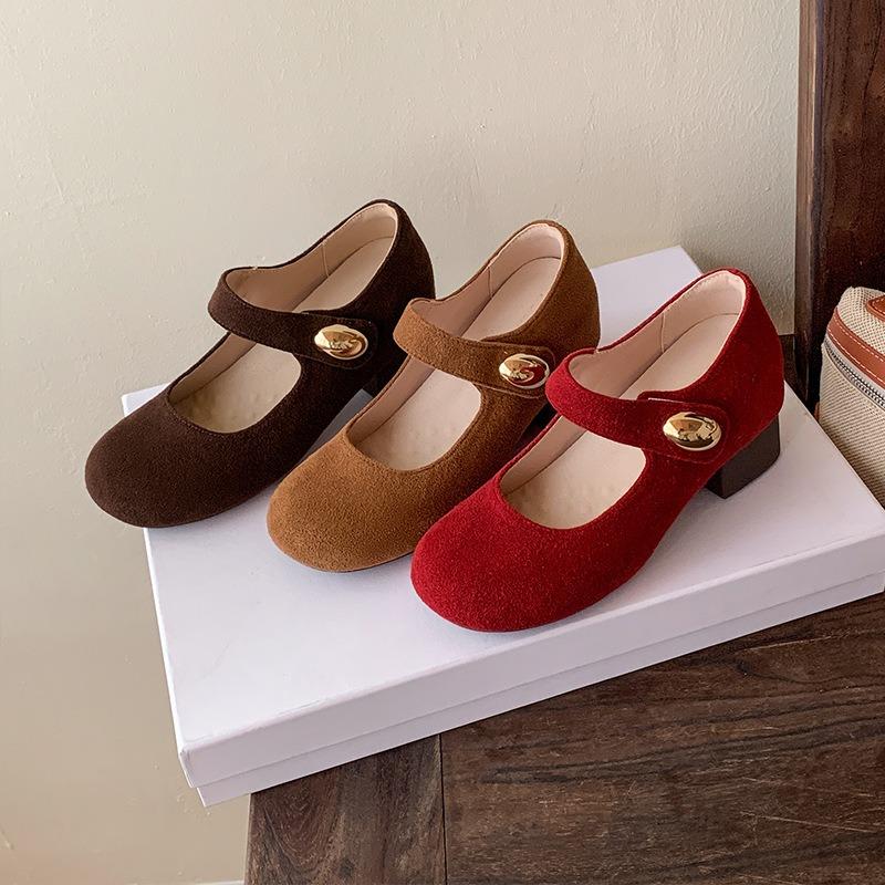 7 Height-increasing Small Golden Beans Thick-heeled Single Shoes for Women's Autumn New Retro Versatile Suede Soft-soled Mary Jane Shoes