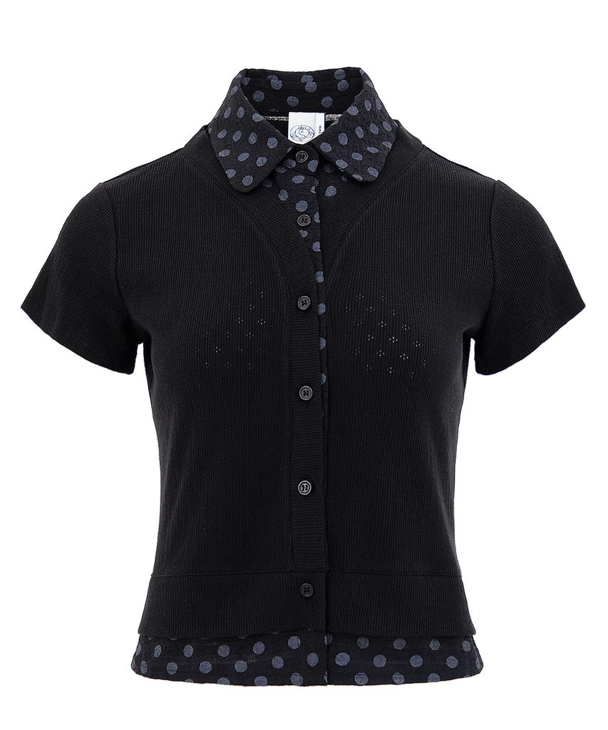 PLASMA SPHERE Polka Dot Cardigan Layered Shirt_Black