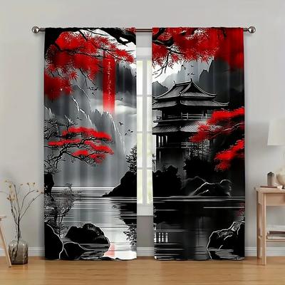 2 Piezas Cortinas Blackout Paisaje Japonés – Estampado Pagoda Montaña Sakura Pasacables Privacidad y Elegantes para Sala de Estar Dormitorio
