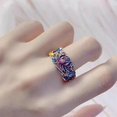 Enamel Lotus Koi Retro Colorful Ring - Brighten Skin Temperament with Artistic Flair